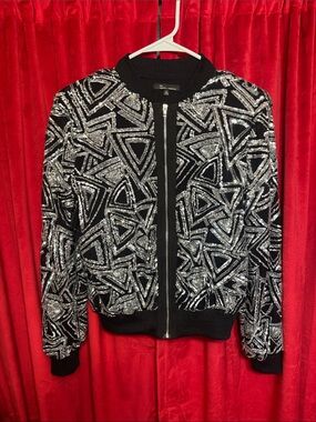 the clothing company Black Sequin Geometric Bomber Jacket